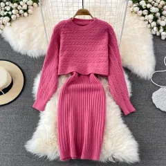Women's Loose Two-piece Sweater Knitted Dress - Red - View 1
