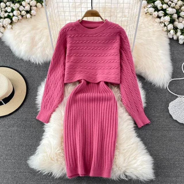 Women's Loose Two piece Sweater Knitted Dress Rose Red - Shop at LoveMi