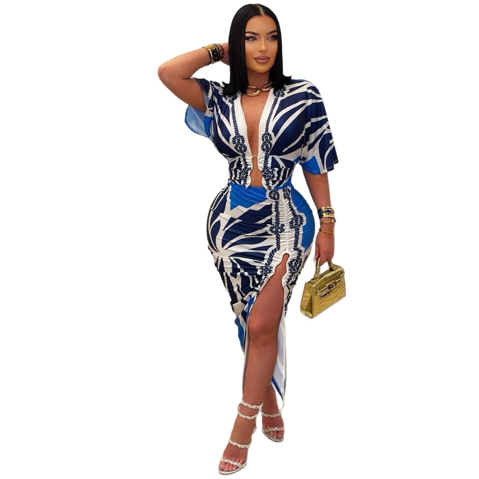 Bodycon Printed Split Dress For Women Blue - Shop at LoveMi