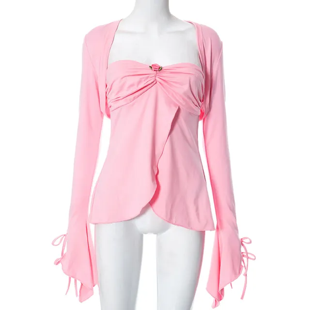 Wrapped Chest Long Sleeve Shawl Pleated Lotus Leaf Skirt Pink Top - Shop at LoveMi