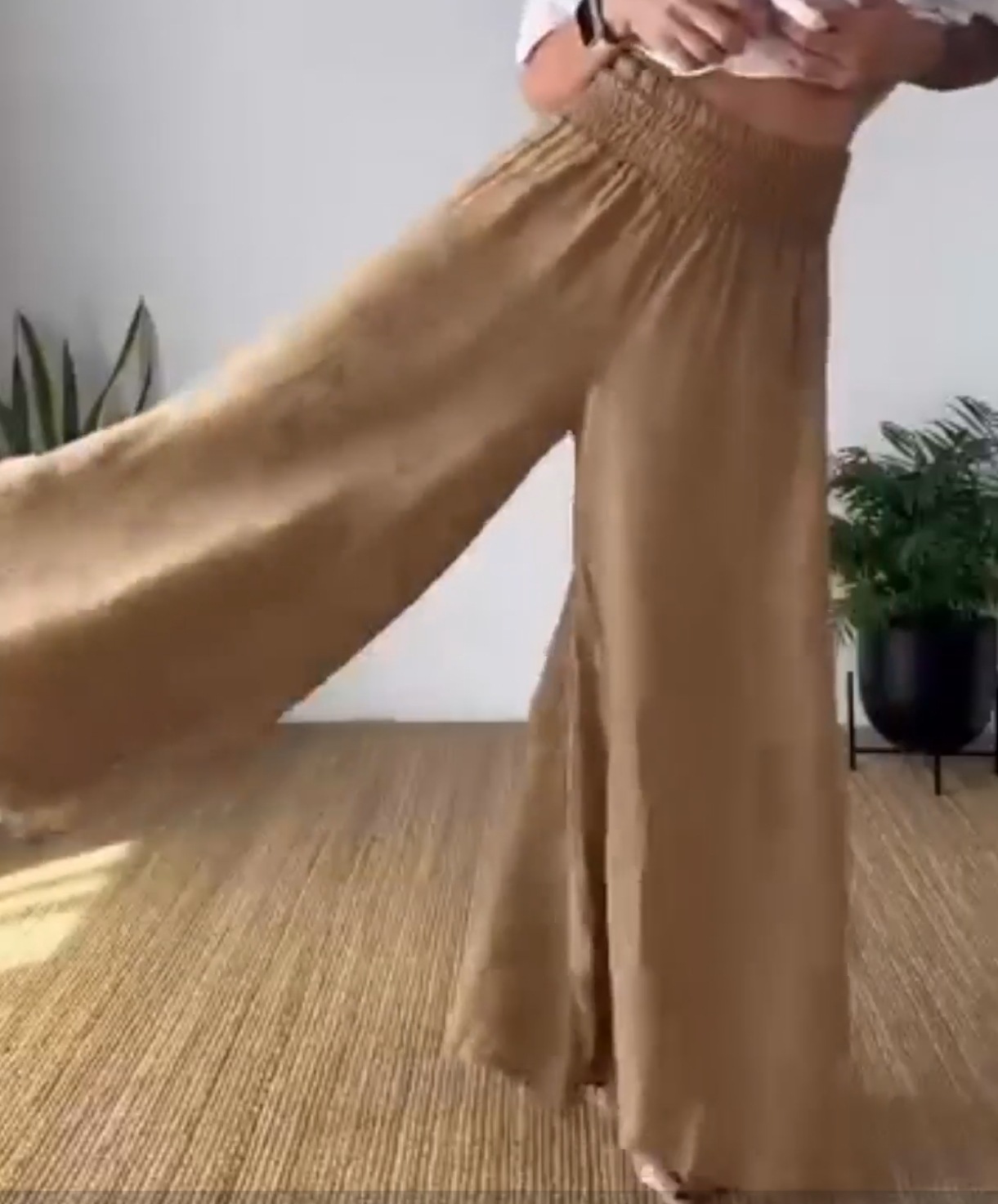 Fashion Casual Solid Color Round Neck Tied Shirt High Waist Wide Leg Pants Khaki - Shop at LoveMi