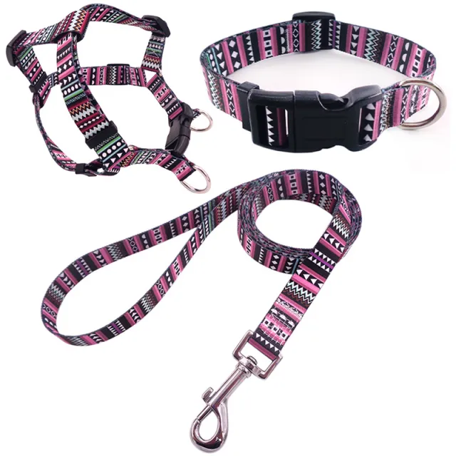 Pet Printing Collar Rope Chest Strap Traction Three piece Set Po'My Purple - Shop at LoveMi