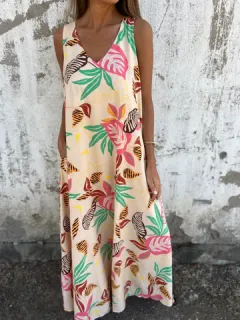 Fashion V-neck Loose Swing Pocket Print Vest Dress - Apricot Flower - View 1