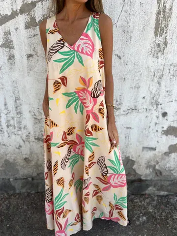 Fashion V neck Loose Swing Pocket Print Vest Dress Apricot Flower - Shop at LoveMi