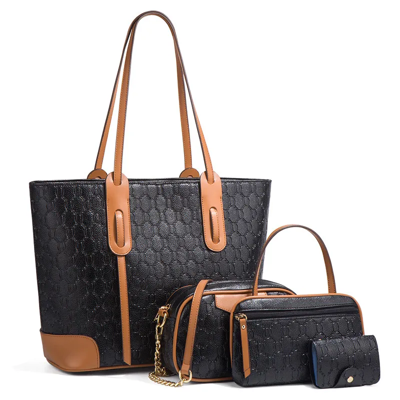 Fashion Big Tote Shoulder Crossbody Large Capacity Four-piece Set Bag - Black
