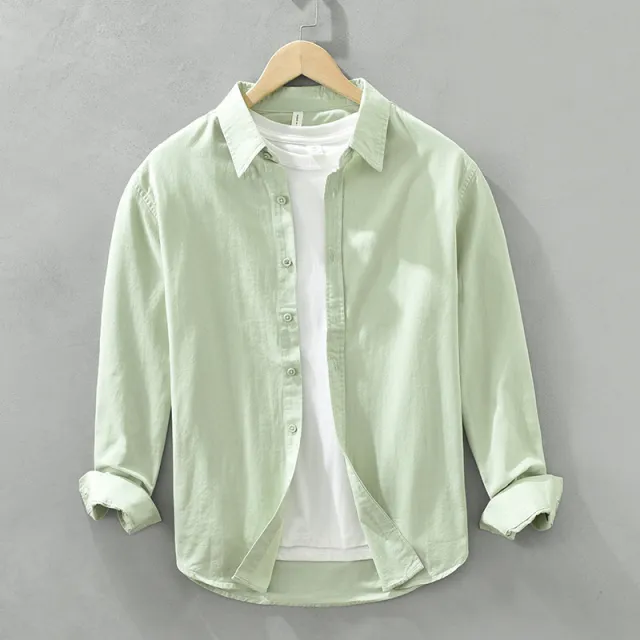 Solid Color Long Sleeve Basic Men's Retro Casual Shirt Bean Gray - Shop at LoveMi