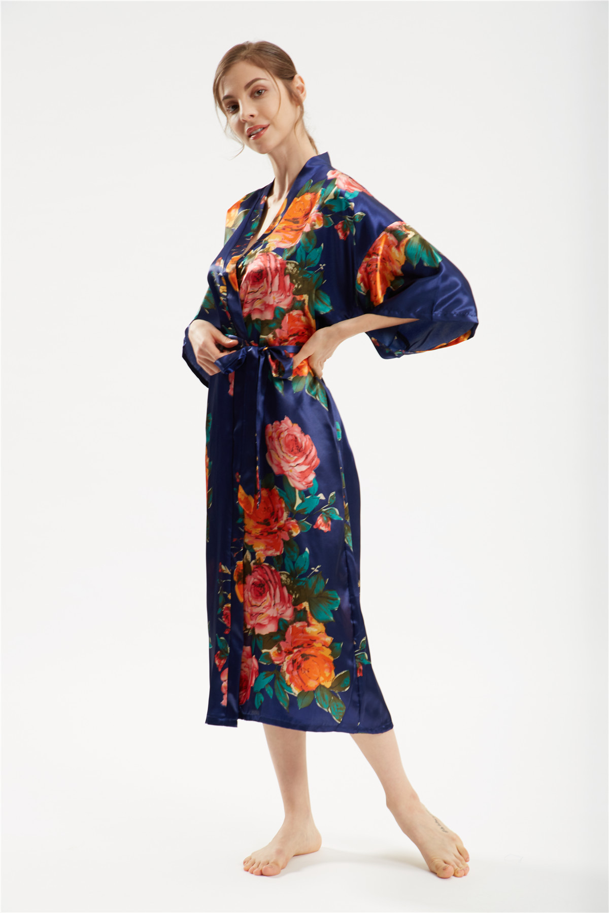 Title 6, Satin Hand Painted Peony Long Kimono Yukata