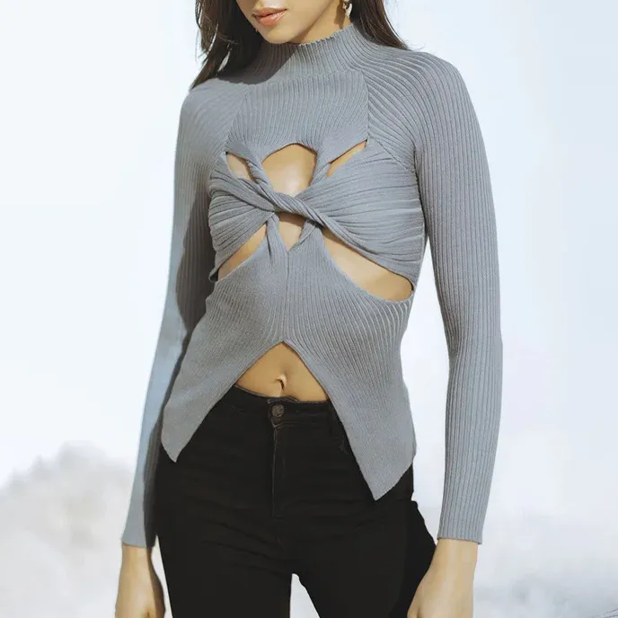 Simple Style Women's Knitwear Semi-high Neck Slim Fit Slimming Twist Hollow-out High-end Top - Grey