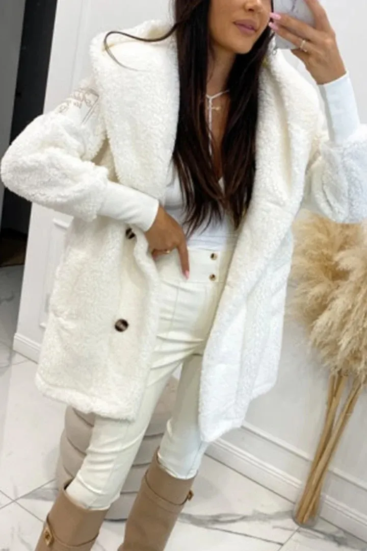 Women's Plush Loose Hooded Coat - White
