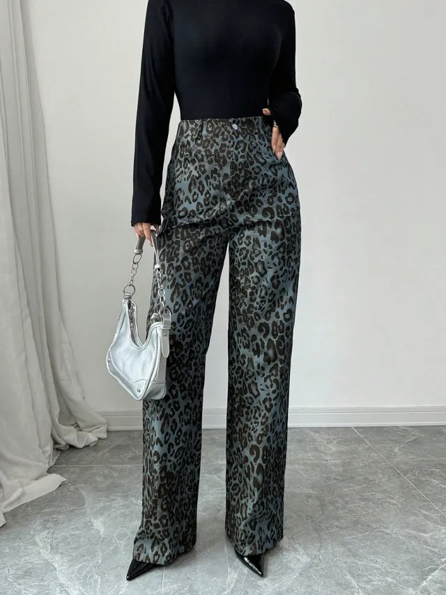 Autumn And Winter High waisted Leopard Print Wide leg Pants Blue - Shop at LoveMi