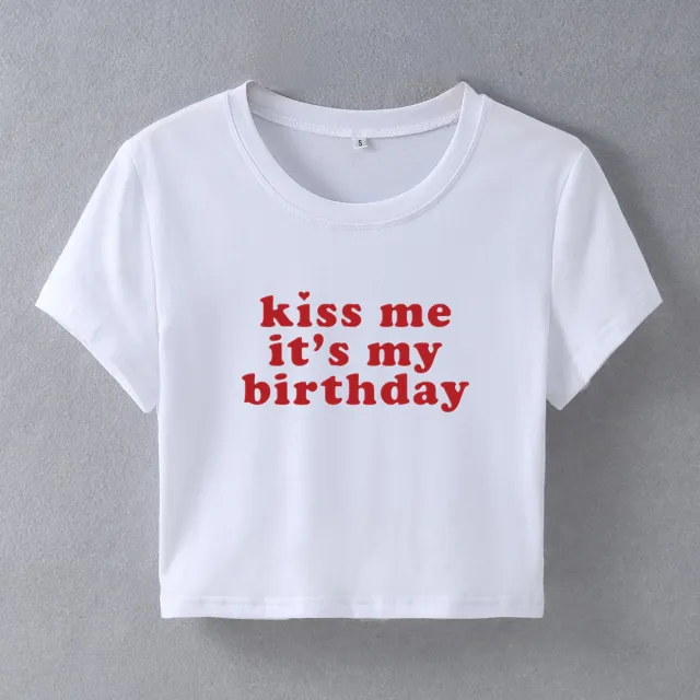 Kiss Me It's My Birthday Letter Print Short sleeve Slim Fit Short White - Shop at LoveMi