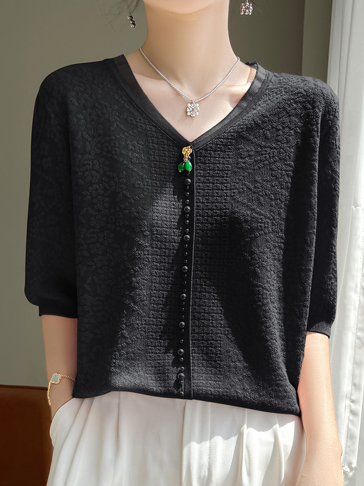 Women's V-neck Tencel Sweater With Short Sleeves