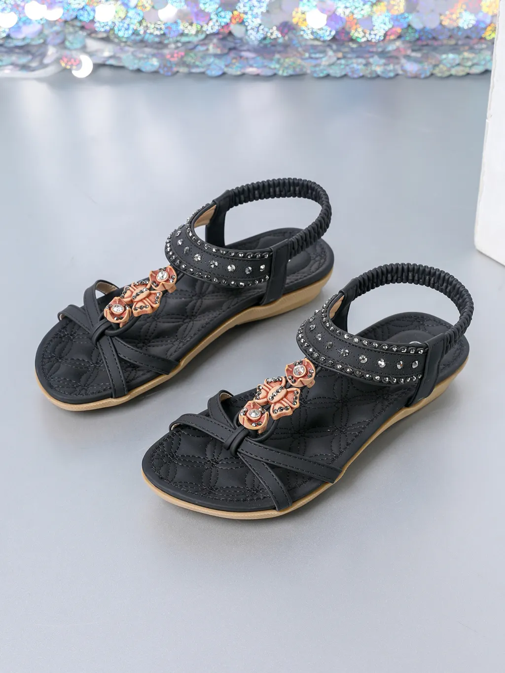 Women's Flat Sandals Plus Size Diamond Casual Shoes - Black