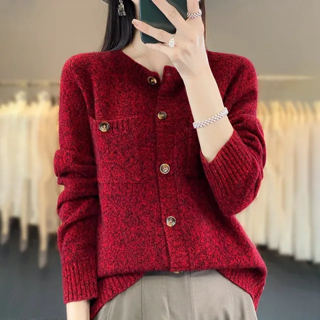 Round Neck Fancy Loose Slimming Long Sleeves Wool Base Shirt Expensive Red - Shop at LoveMi