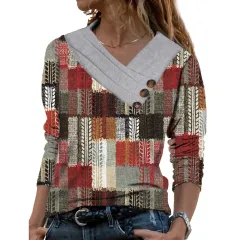 Women Scarf Collar T-shirt With Long Sleeves Hoodie Button Top - Color Printing 1 - View 1