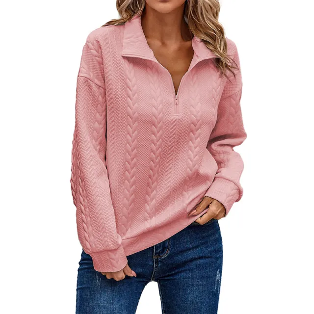Half Cardigan Zipper And Lapel Pullover Sweater European And American Leisure Simple Pink - Shop at LoveMi