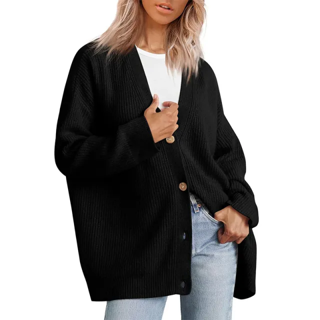 European And American Style Simple All match Knitted Button V neck Solid Color Sweater Black - Shop at LoveMi