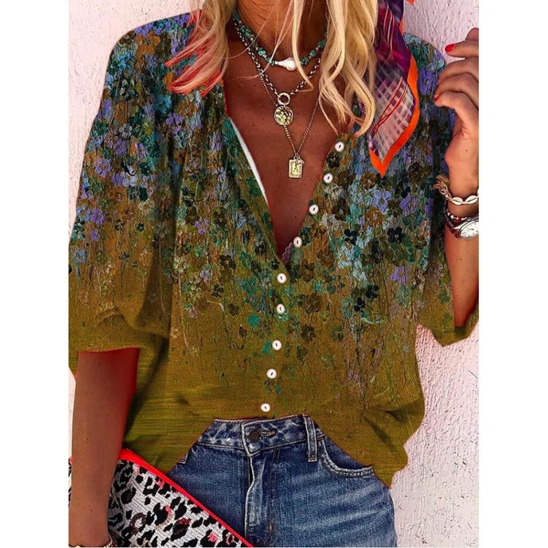 3D Floral-print Long-sleeve Top Fashionable V-neck Blouse For Women