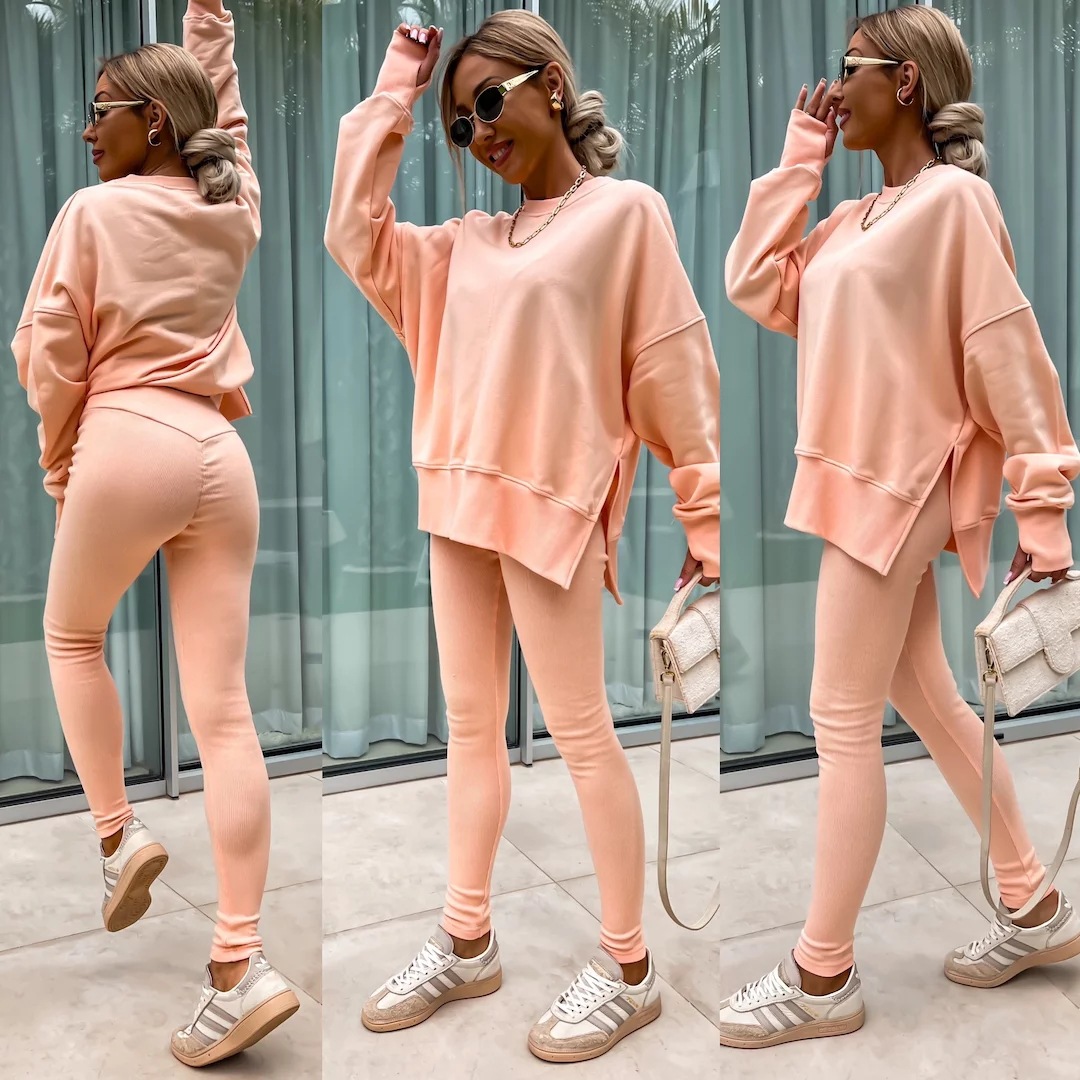 Casual Loose Sweater Suit with Tight Trousers. Product information: Color: apricot, red, khaki, pink, blue, purple, orange, green, black Sleeve type: regular sleeve Pants length: trousers Main fabric composition: Polyester (polyester fiber) Size: S,M,L,XL