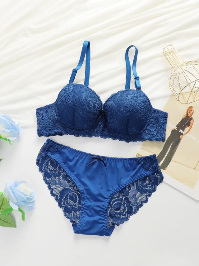 Sexy Gathered Steel Ring Lace Underwear Bra Set Blue - Shop at LoveMi