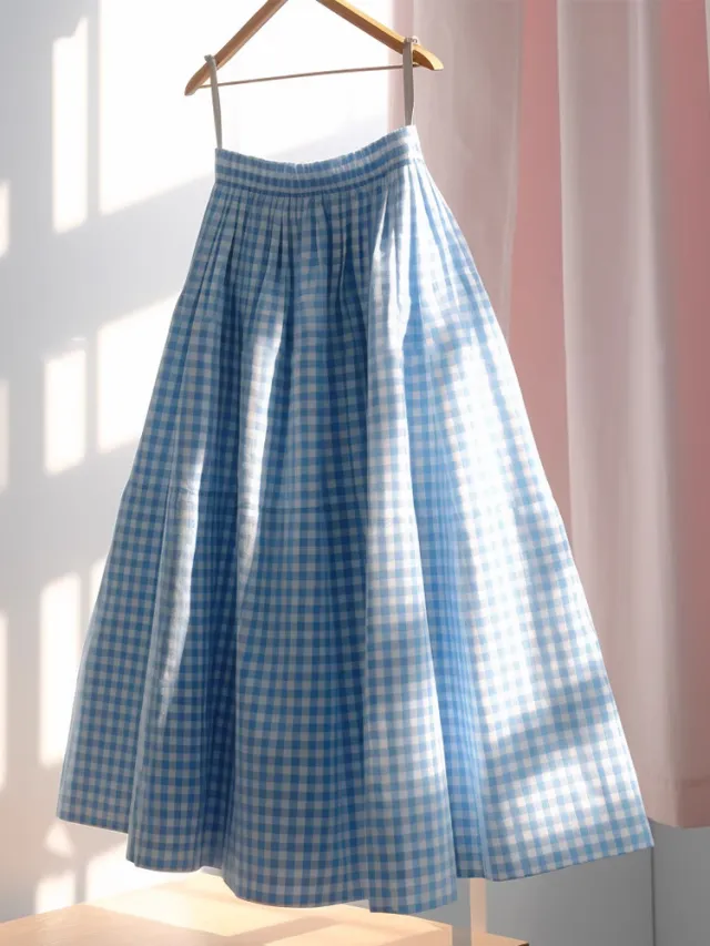 Women's Versatile French High Waisted A line Plaid Linen Skirt Blue Skirt - Shop at LoveMi