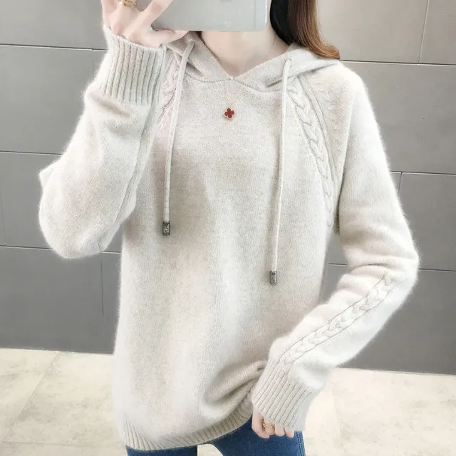 Women's Solid Color Loose Pullover Long Sleeve Hooded Knitted Sweater Apricot - Shop at LoveMi