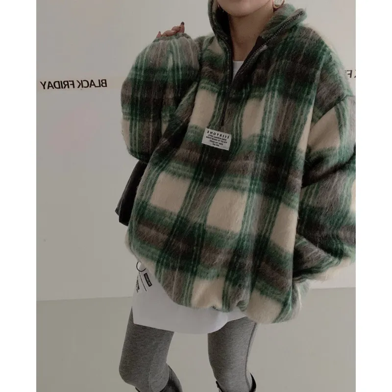 Autumn And Winter Niche Temperament Stand Collar Plaid Woolen Sweater For Women - Green