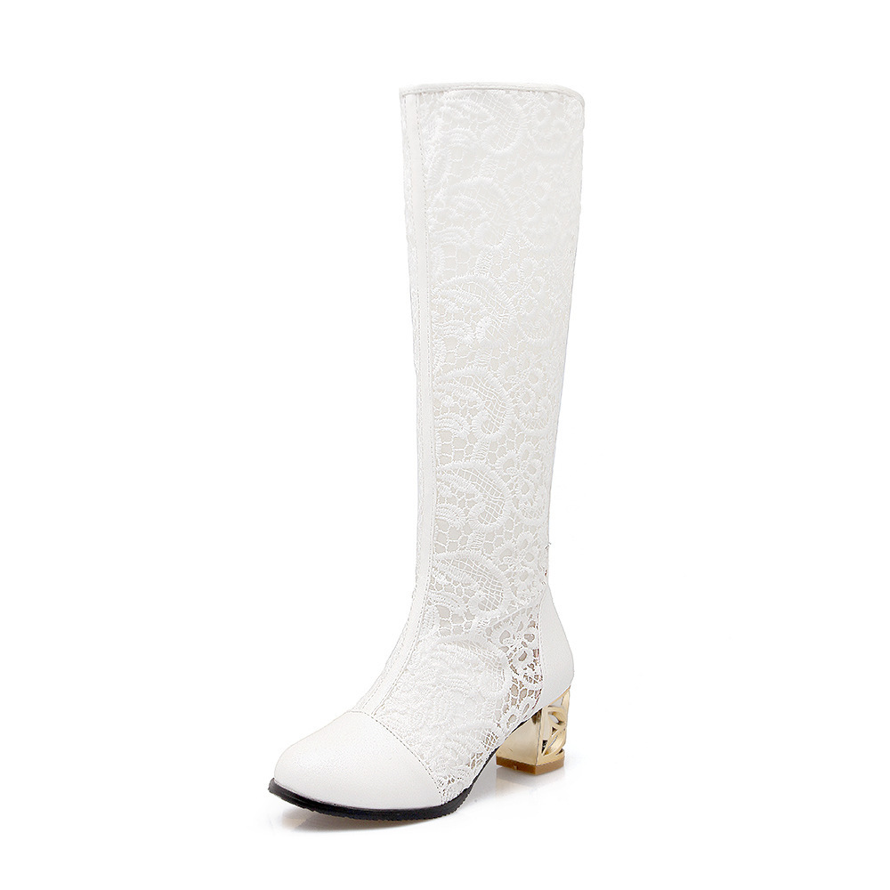 Round Toe Stitching Lace Back-zip Boots Chunky Heel Women's Sandals