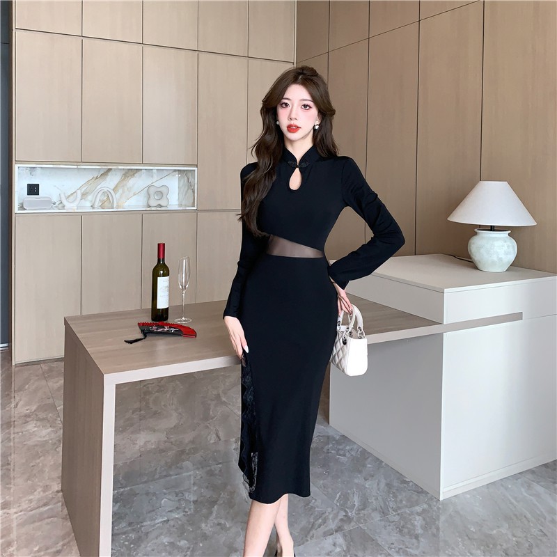 Women's New Chinese Style Midriff Outfit Stitching Lace Split Cheongsam Dress