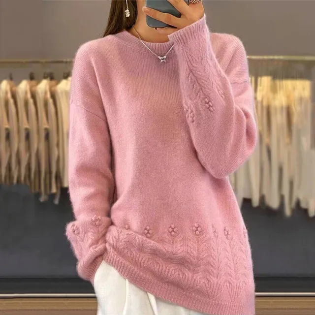 Women's Round Neck Solid Color Sweater Top Vintage Crocheted Pullover Pink - Shop at LoveMi
