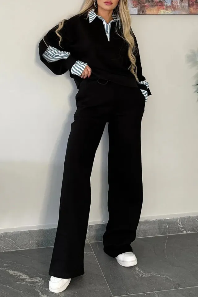 Lapel collar Long sleeve Shirt And Relaxed fit Casual Hoodie Set Black - Shop at LoveMi