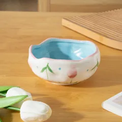 Irregular Hand Drawn Flowers Print Household Ceramic Bowl - White Hand Painted Bowl - View 1