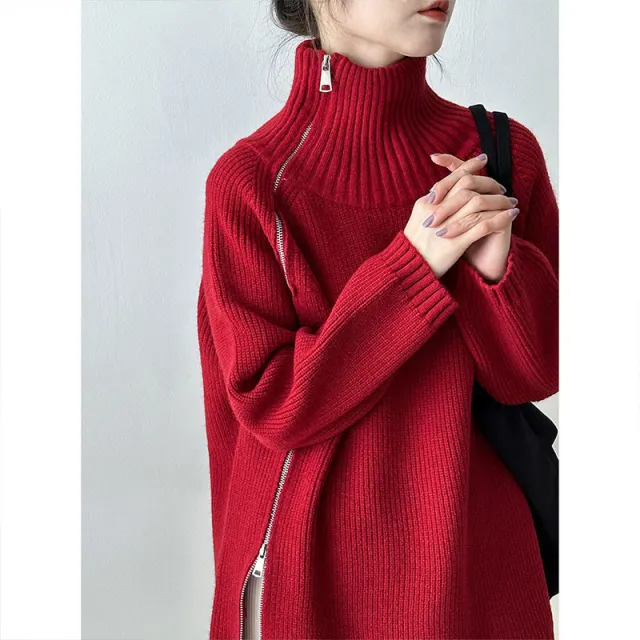Women's Zip Turtleneck Sweater Fashionable Loose Sweater Wine Red - Shop at LoveMi