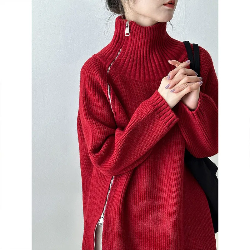 Women's Zip Turtleneck Sweater Fashionable Loose Sweater - Wine Red