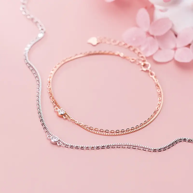 S925 Silver Bracelet Women's Japanese And Korean Style Simple Double Layer Single Diamond Box Chain