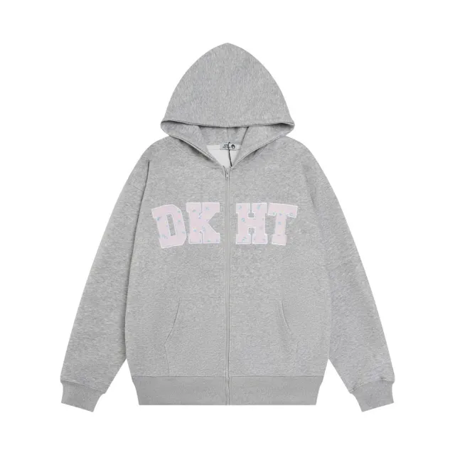 Letter Embroidery Hooded Cardigan Sweater Men's Gray - Shop at LoveMi