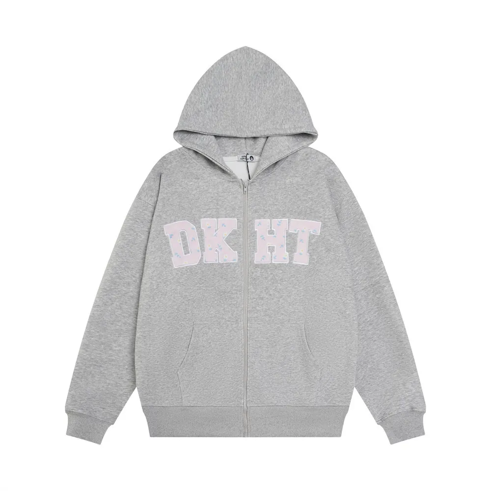 Letter Embroidery Hooded Cardigan Sweater Men's - Gray