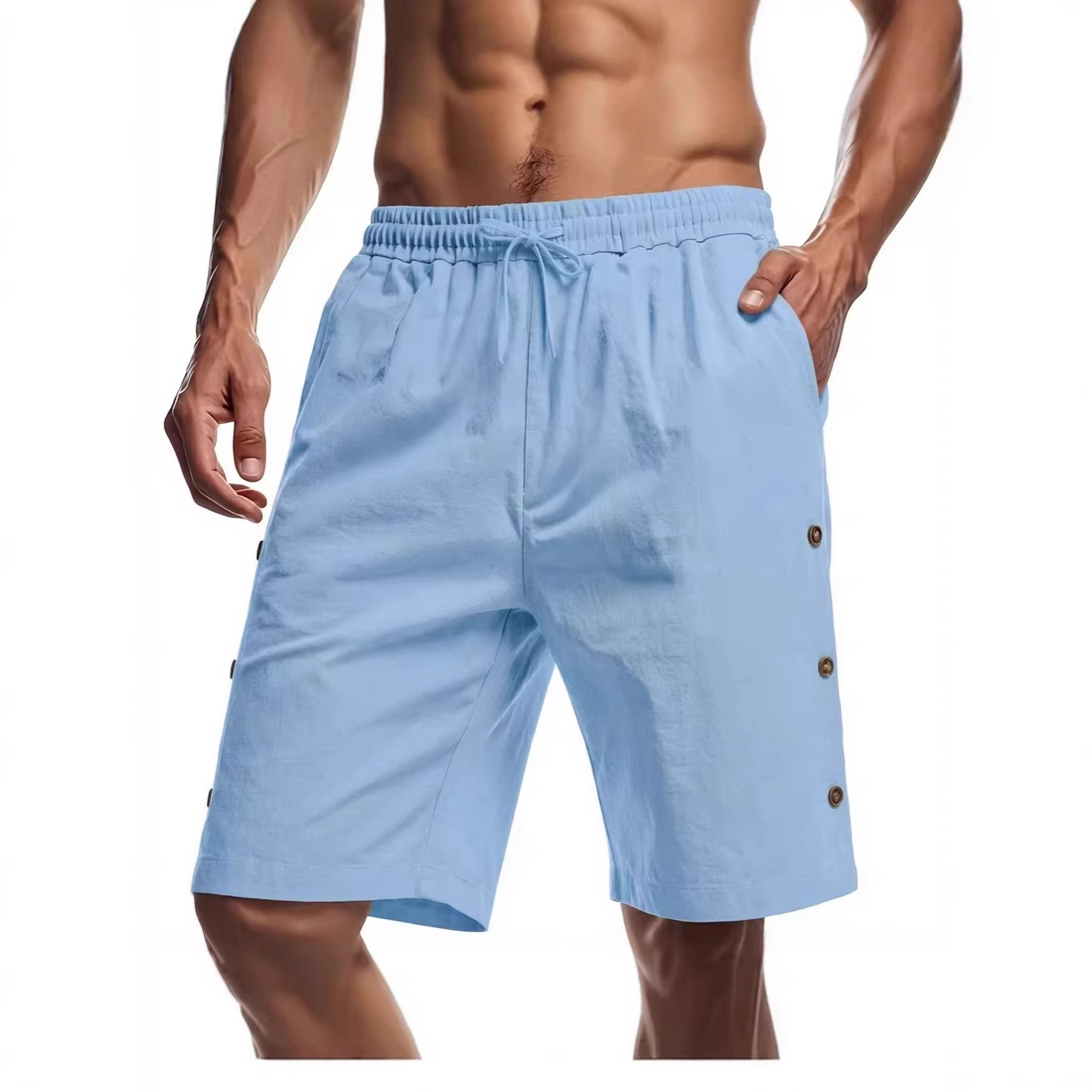 Solid-color Mens Loose-fit American-style Cotton-linen Beach Casual Shorts With Buttons