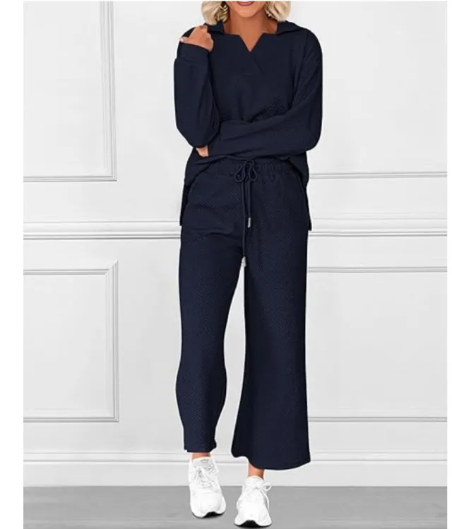 Solid Color Texture Fashion Casual Set Long sleeved Sweater And Trousers Two piece Set Navy - Shop at LoveMi