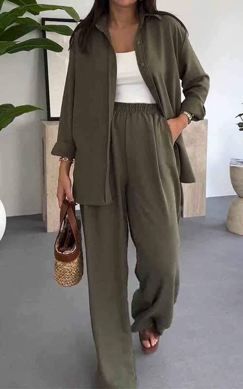 Fashion Solid Color Loose Top Casual Wide Leg Pants Two-piece Set - Image 7