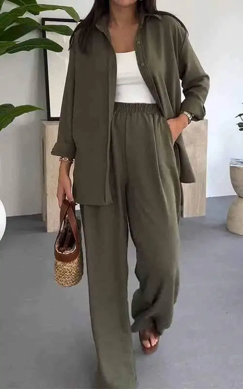 Fashion Solid Color Loose Top Casual Wide Leg Pants Two piece Set Army Green - Shop at LoveMi