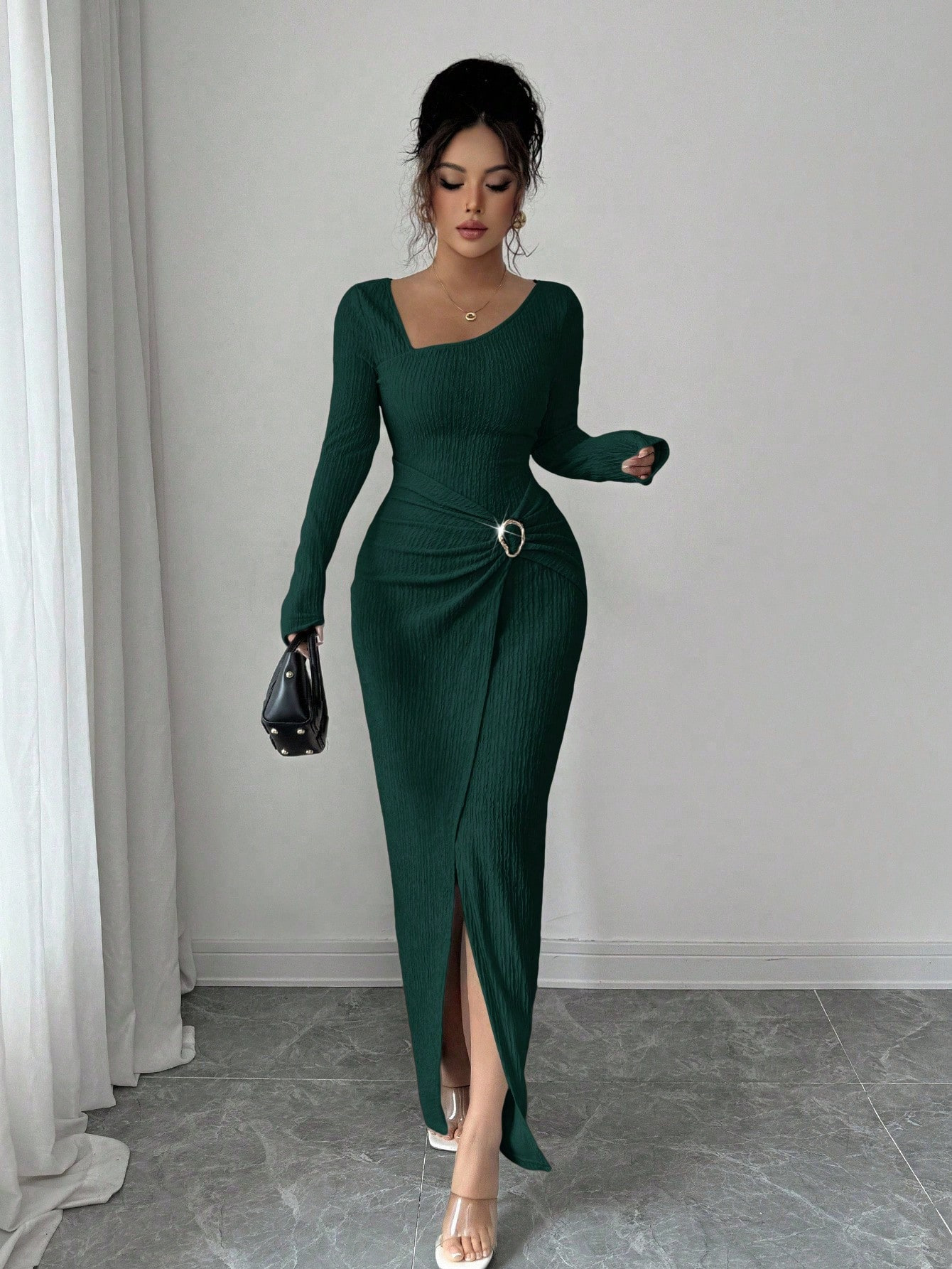 Autumn And Winter Irregular Neckline Solid Color Knitted Texture Long Dress For Women