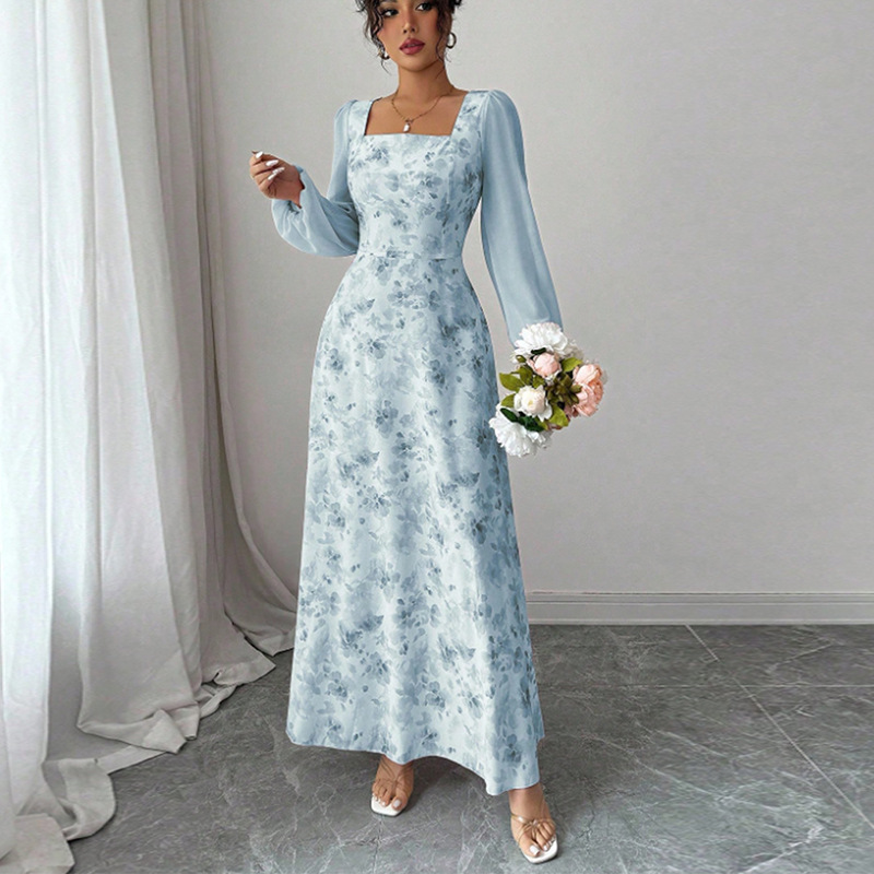 Women's Chiffon Floral Long sleeved Dress Blue - Shop at LoveMi