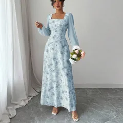 Women's Chiffon Floral Long-sleeved Dress - Light Blue - View 1