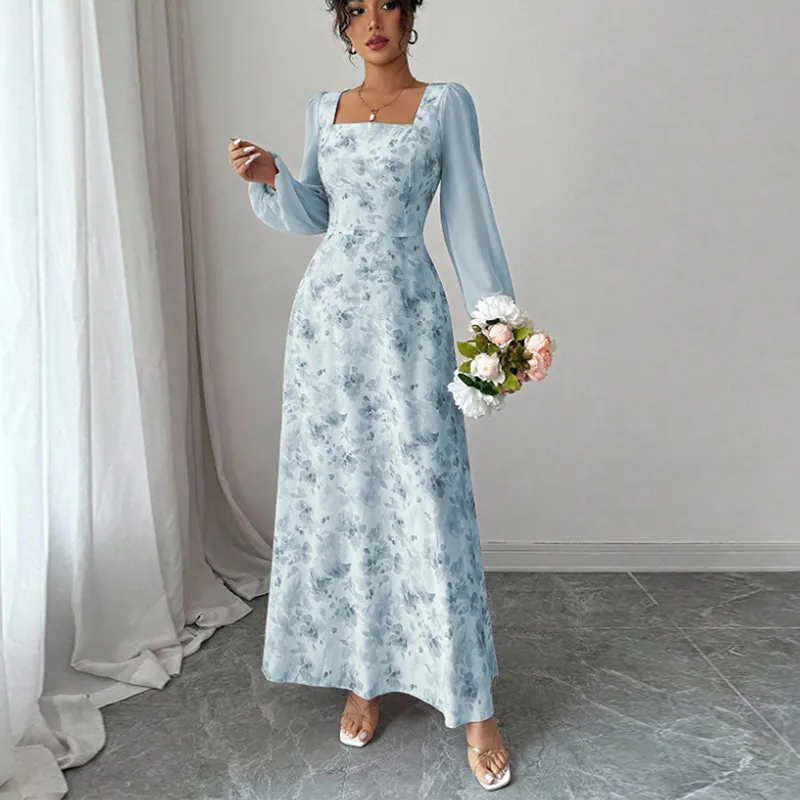 Women's Chiffon Floral Long-sleeved Dress - Light Blue