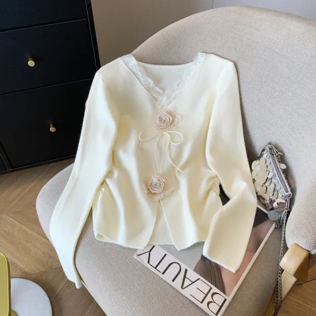Lace V neck Long sleeve Knitwear Women's Button Design Slim Top Apricot - Shop at LoveMi