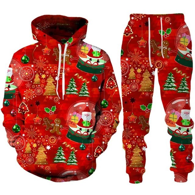 Santa Claus 3D Printed Hooded Sportswear Trousers 2-piece Set