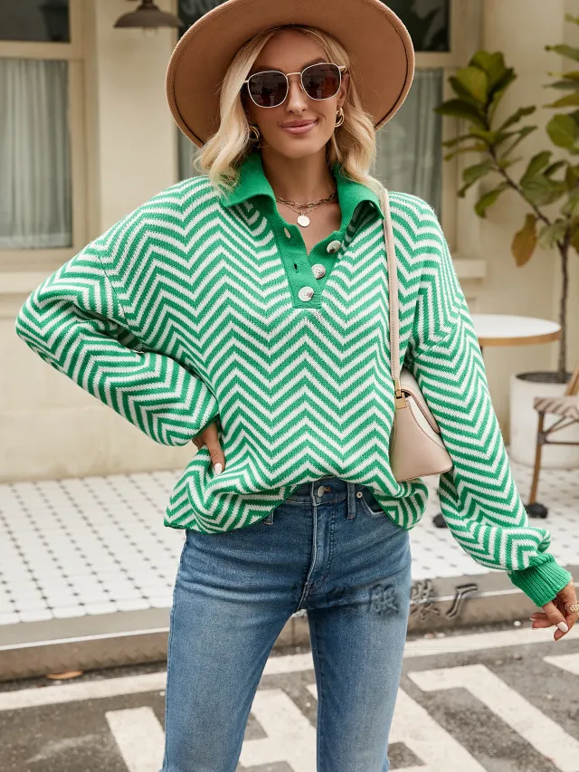Striped Sweater Women's Long sleeved Lapel Green - Shop at LoveMi