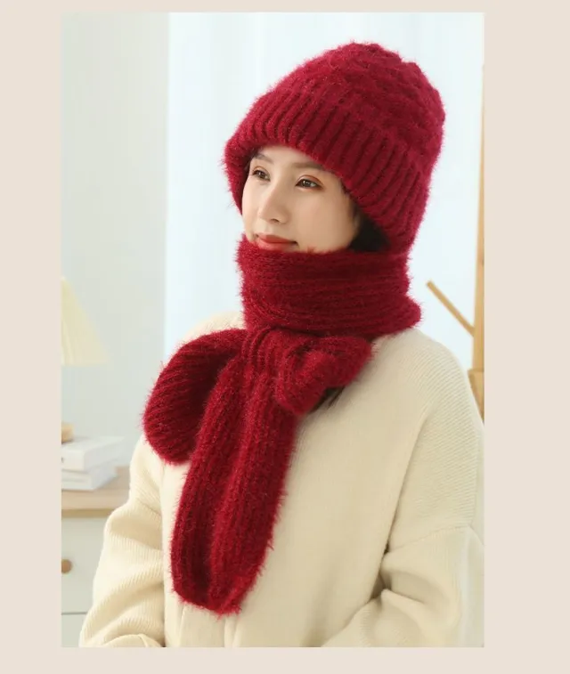 Women's Fleece lined Scarf And Hat Winter Warm Knitted Hat Scarf Wine Red - Shop at LoveMi