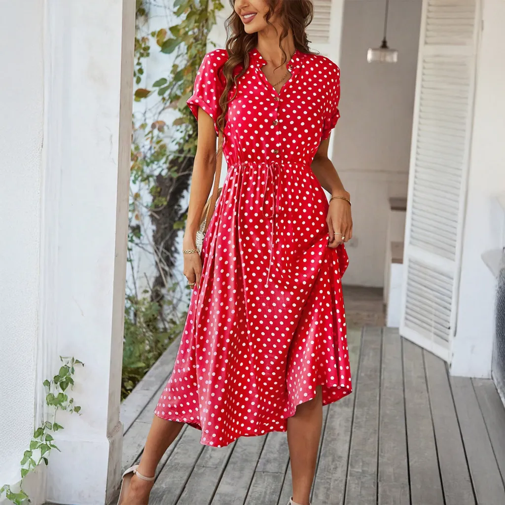 Temperament Leisure Vacation Style Polka Dot Print High Waist Lace-up Dress - Red